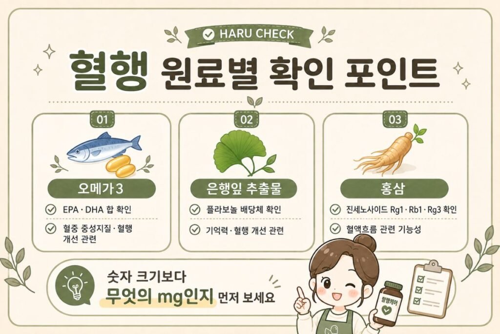 혈행개선 영양제 기능성 원료별 확인 가이드, 오메가3 은행잎 추출물 홍삼 비교 이미지