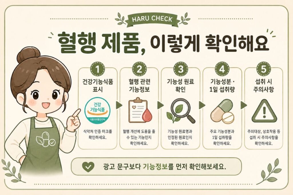 혈행개선 영양제 제품 확인 체크리스트, 기능성 원료와 기능정보 확인 순서 안내 이미지
