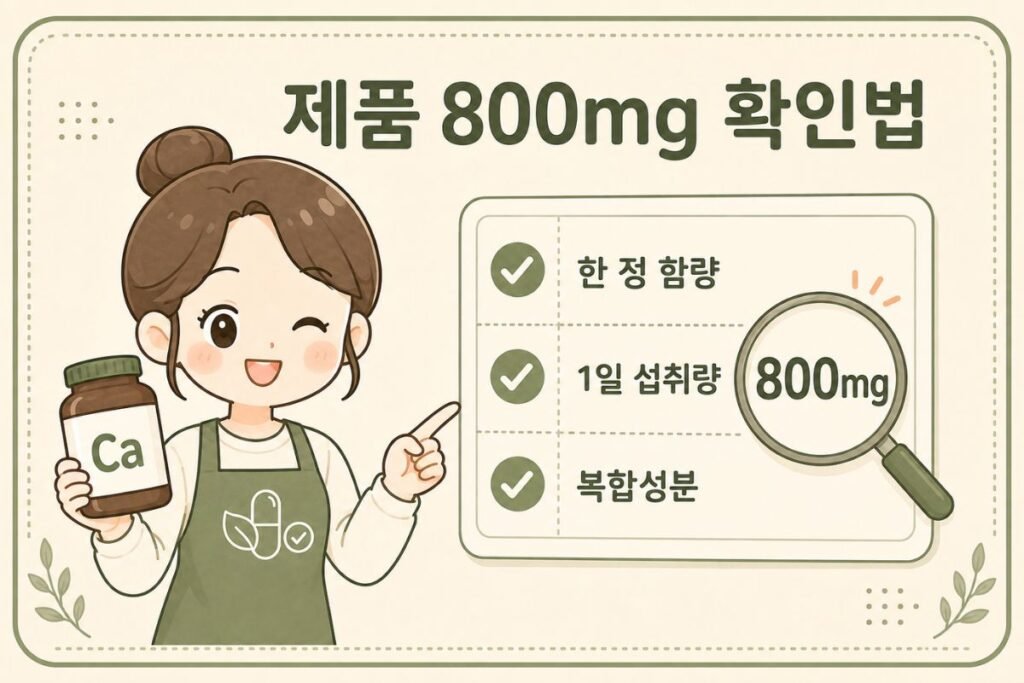 칼슘 하루 권장량, 제품 800mg의 한 정 함량과 1일 섭취량, 복합성분 확인 방법