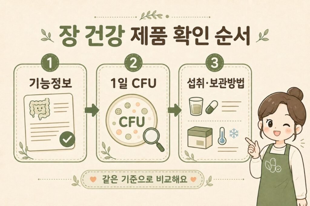 장 건강 영양제 기능정보와 1일 CFU 및 섭취 보관방법 확인 순서