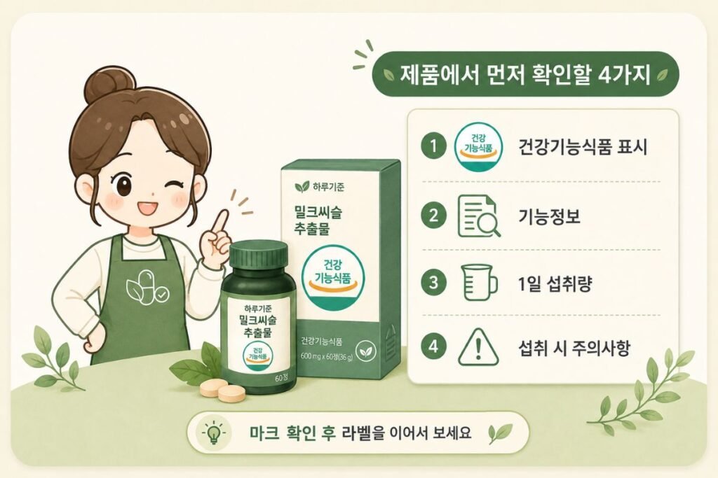 건강기능식품 마크 확인 후 기능정보 섭취량과 주의사항을 확인하는 순서
