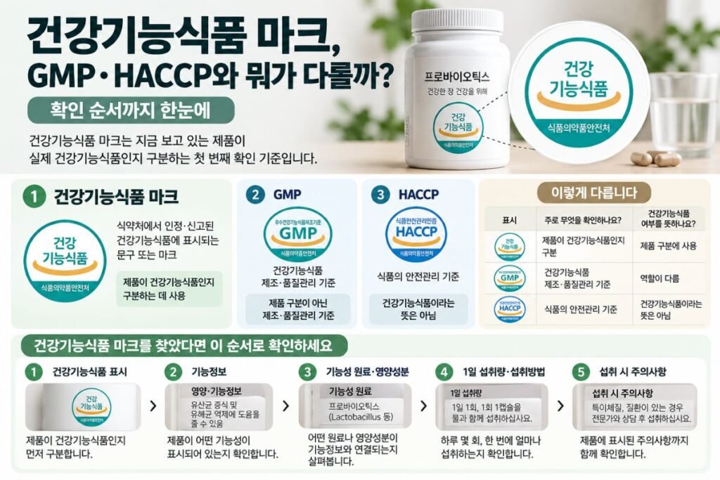 건강기능식품 마크와 GMP HACCP 차이, 기능정보와 1일 섭취량 주의사항 확인 순서
