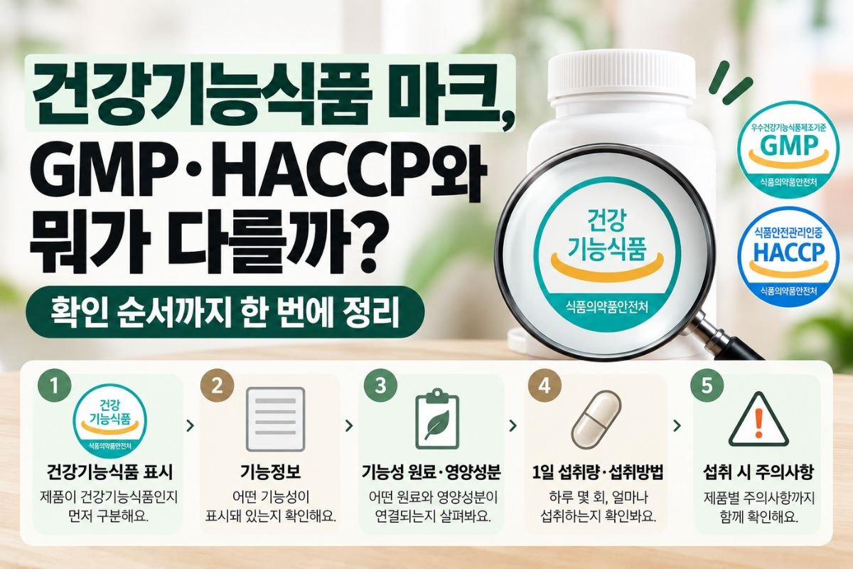 건강기능식품 마크와 GMP HACCP 차이, 기능정보와 1일 섭취량 주의사항 확인 순서