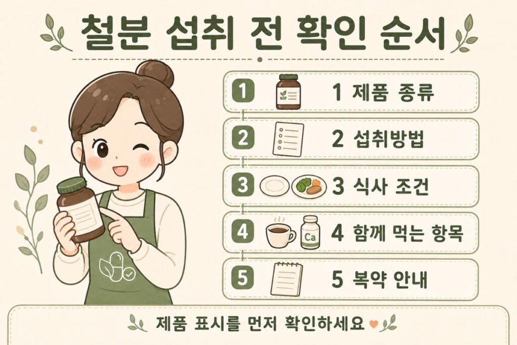 철분 먹는 시간 결정 전 제품 종류와 섭취방법, 식사 조건, 함께 먹는 항목과 복약 안내를 확인하는 순서