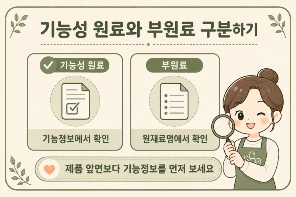 관절 영양제의 기능성 원료와 부원료 확인 위치 비교