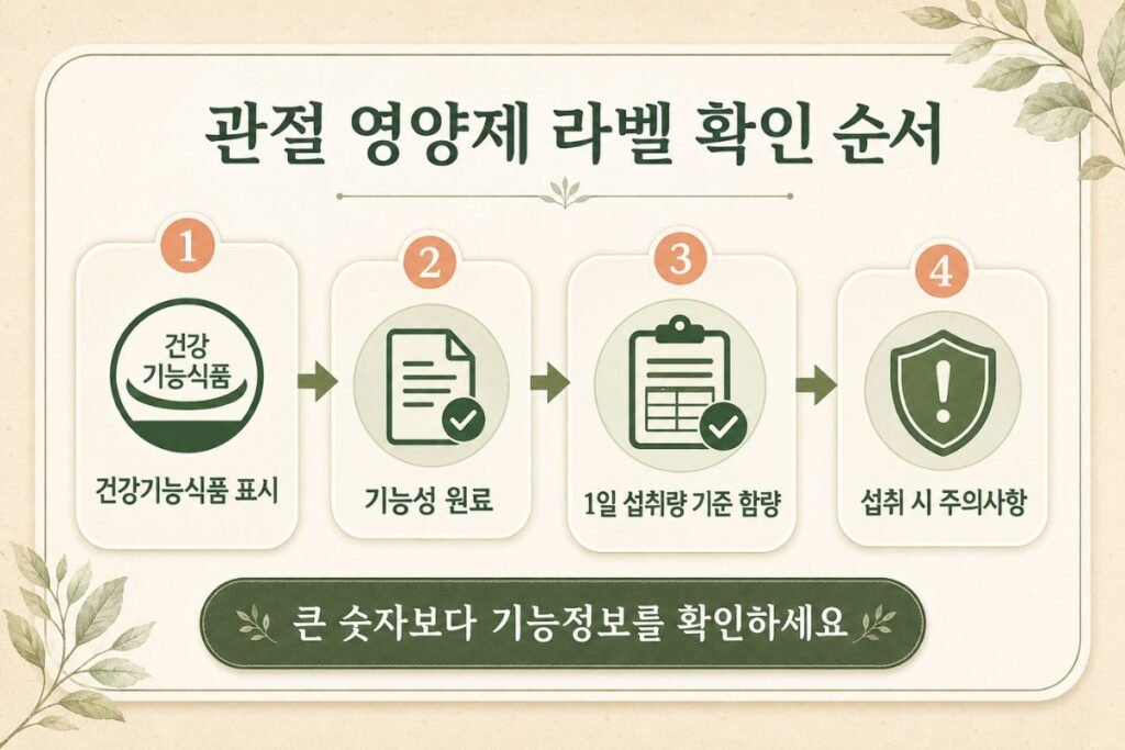 관절 영양제 라벨에서 기능성 원료와 섭취량을 확인하는 순서