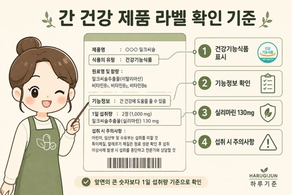 간 영양제 라벨에서 건강기능식품 표시와 기능정보, 실리마린 130mg 및 섭취 시 주의사항을 확인하는 방법