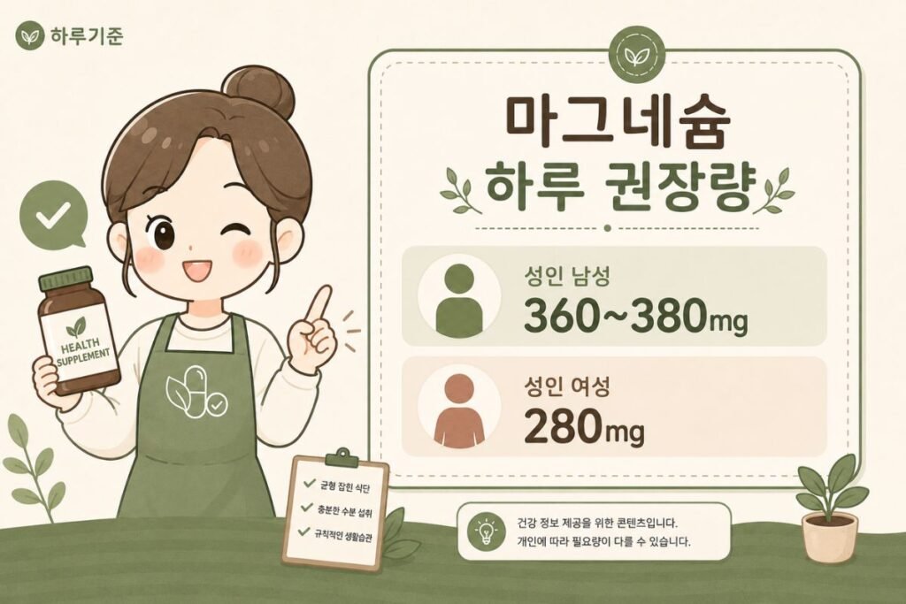 마그네슘 하루 권장량 성인 남성 360~380mg 여성 280mg 안내 이미지