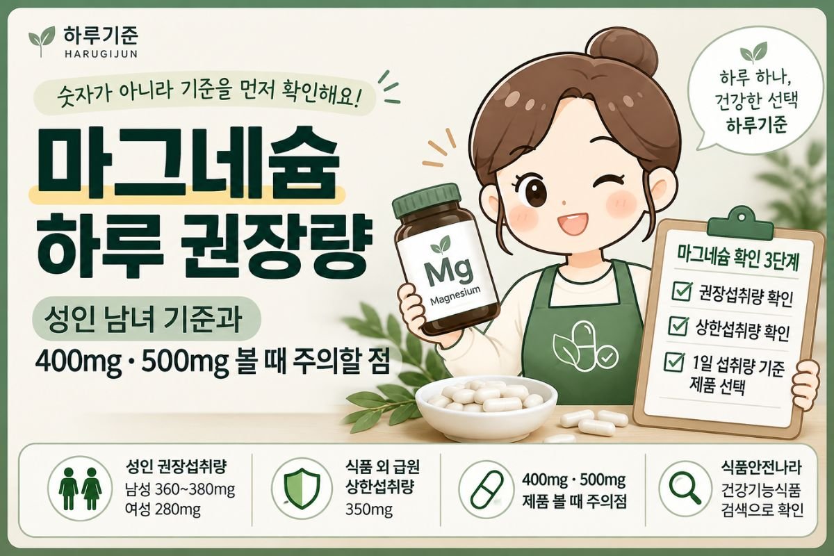마그네슘 하루 권장량 성인 남성 360~380mg 여성 280mg 안내 이미지