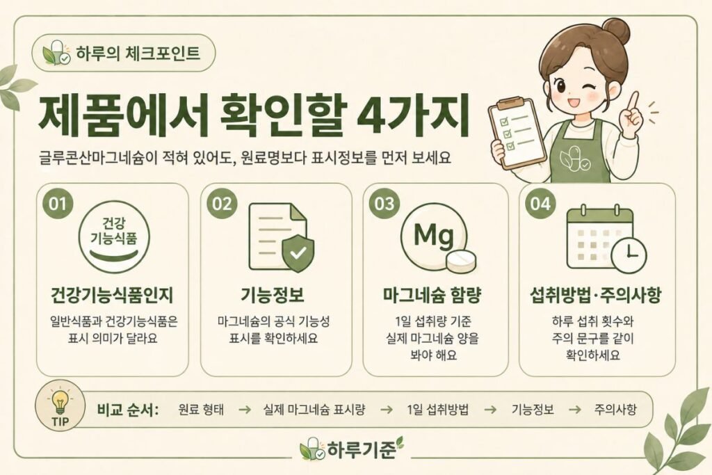 글루콘산마그네슘 제품에서 확인할 건강기능식품 표시, 기능정보, 마그네슘 함량, 섭취방법
