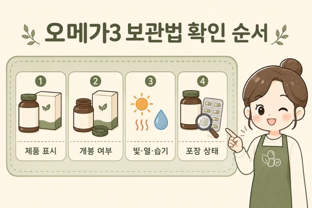 오메가3 보관법에 따라 제품 표시, 개봉 여부, 빛·열·습기와 포장 상태를 확인하는 순서