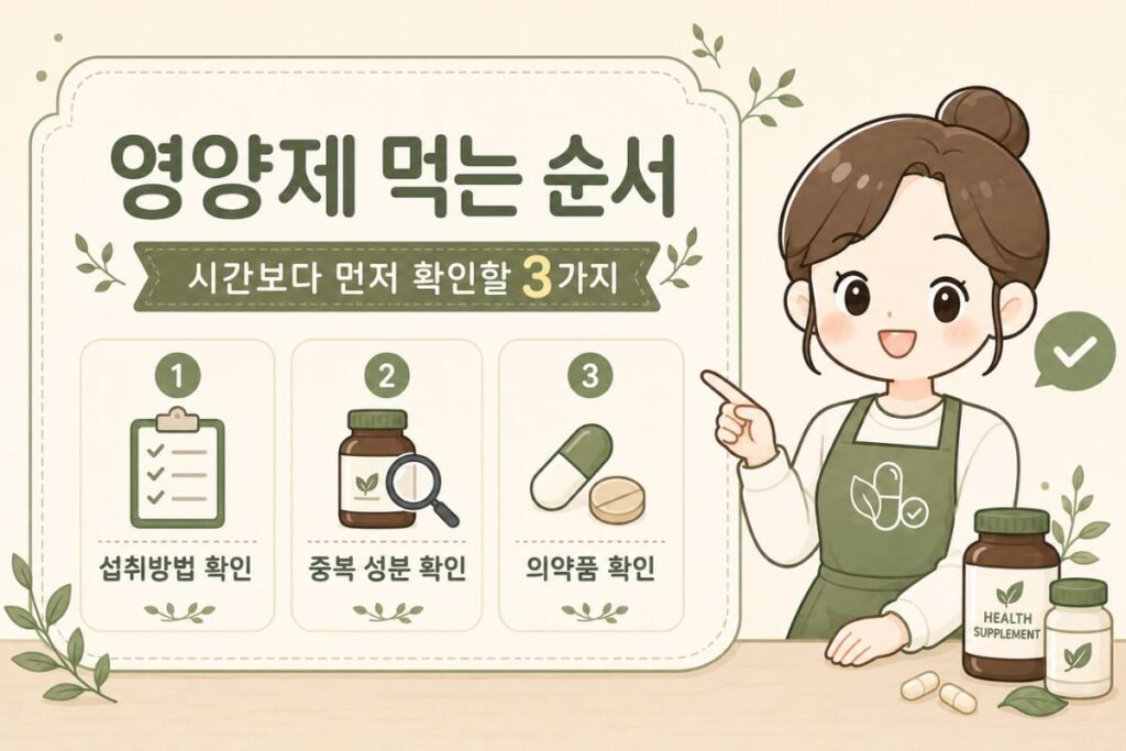영양제 먹는 순서 확인 전 섭취방법 중복 성분 의약품 체크 안내 이미지
