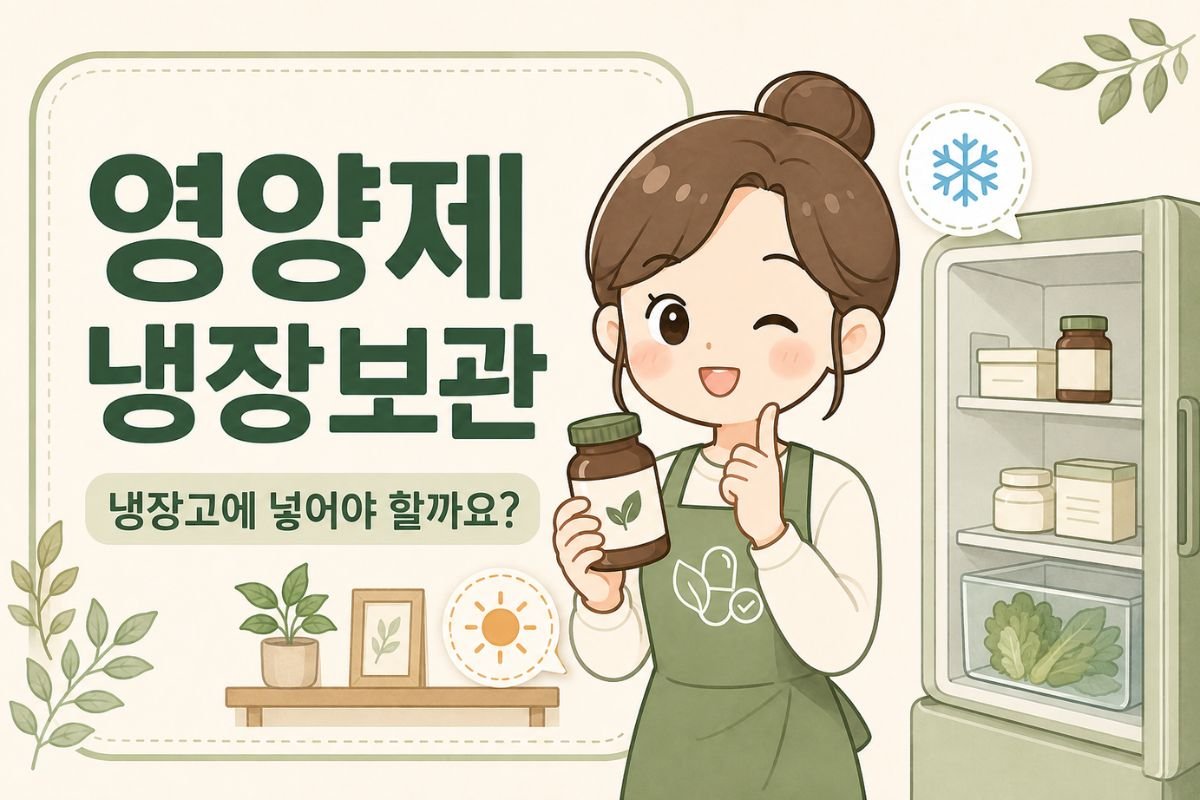 영양제 냉장보관 여부를 안내하는 하루 캐릭터와 냉장고 일러스트