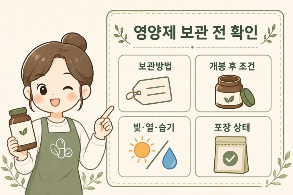 영양제 냉장보관 전 제품 라벨에서 보관방법, 개봉 후 조건, 빛·열·습기, 포장 상태를 확인하는 순서