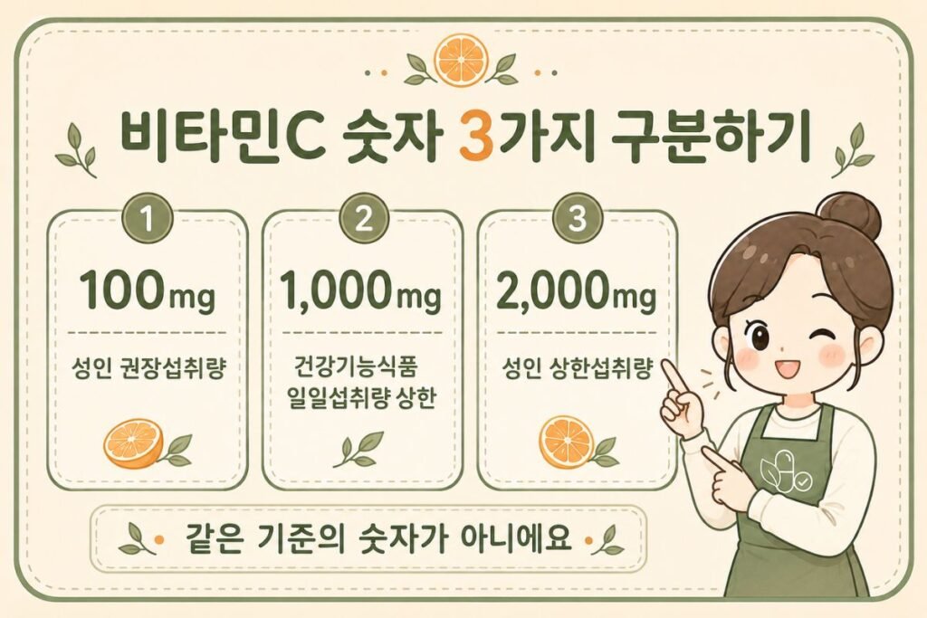 비타민C 하루 권장량 100mg과 건강기능식품 일일섭취량 1,000mg, 성인 상한섭취량 2,000mg 차이