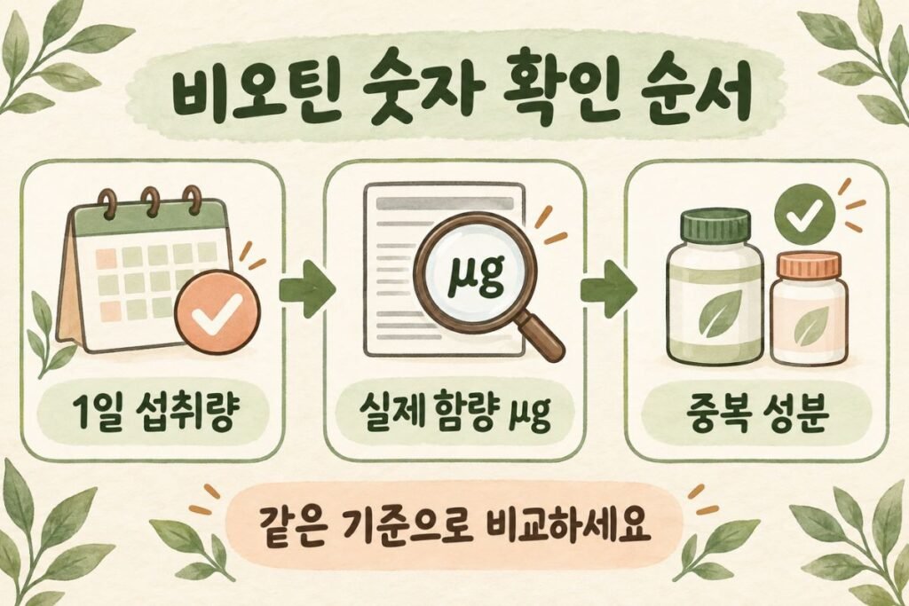 비오틴 제품의 1일 섭취량과 실제 함량 및 중복 성분 확인 순서