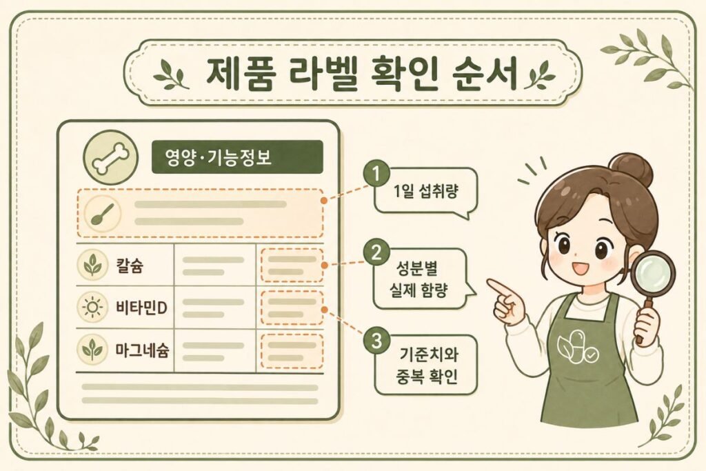 칼슘 영양제 라벨에서 1일 섭취량과 칼슘·비타민D·마그네슘의 실제 함량, 중복 여부를 확인하는 순서