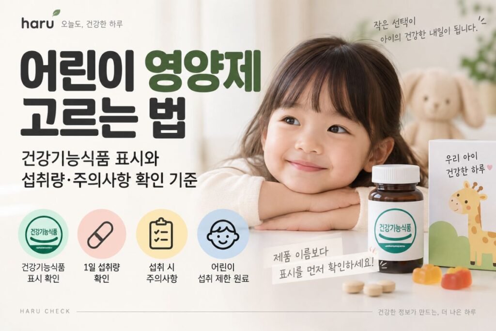 어린이 영양제 제품에서 건강기능식품 표시와 1일 섭취량, 주의사항을 확인하는 기준