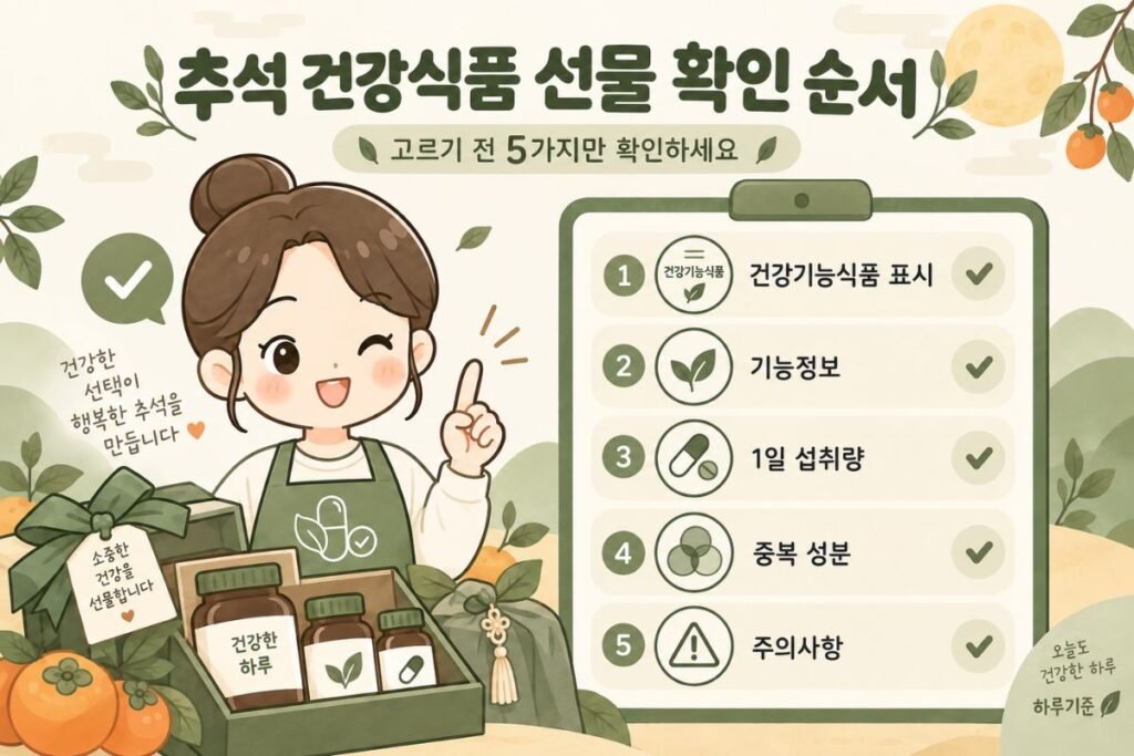 추석 건강식품 선물 고를 때 건강기능식품 표시, 기능정보, 1일 섭취량, 중복 성분, 주의사항을 확인하는 순서
