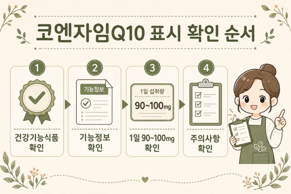코엔자임Q10 효능 확인을 위한 건강기능식품 표시, 기능정보, 1일 90~100mg과 주의사항 확인 순서