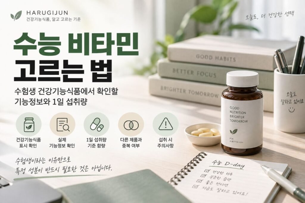 수능 비타민 제품에서 기능정보와 1일 섭취량, 중복 성분 확인 기준을 정리한 안내 이미지