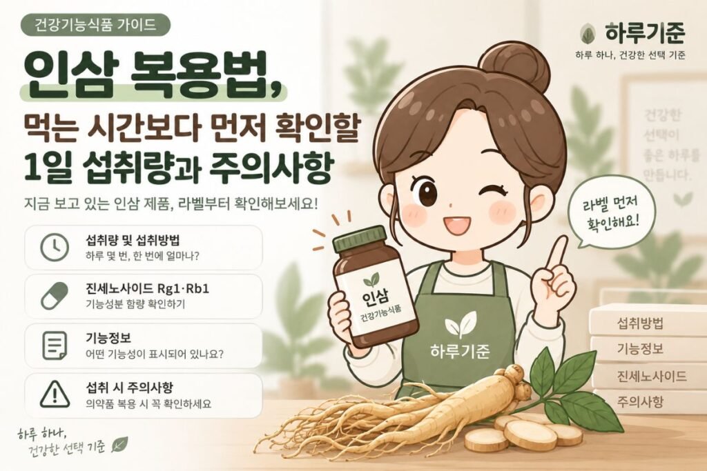 인삼 복용법에서 확인할 1일 섭취량, 진세노사이드 Rg1·Rb1, 기능정보, 주의사항 안내 이미지