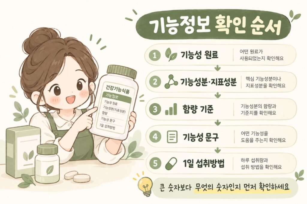 건강기능식품 기능정보에서 기능성 원료와 기능성분·지표성분, 함량 기준, 기능성 문구, 1일 섭취방법을 확인하는 순서