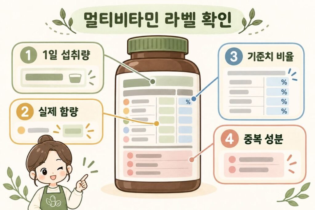 멀티비타민 라벨에서 1일 섭취량과 실제 함량, 기준치 비율, 중복 성분을 확인하는 방법