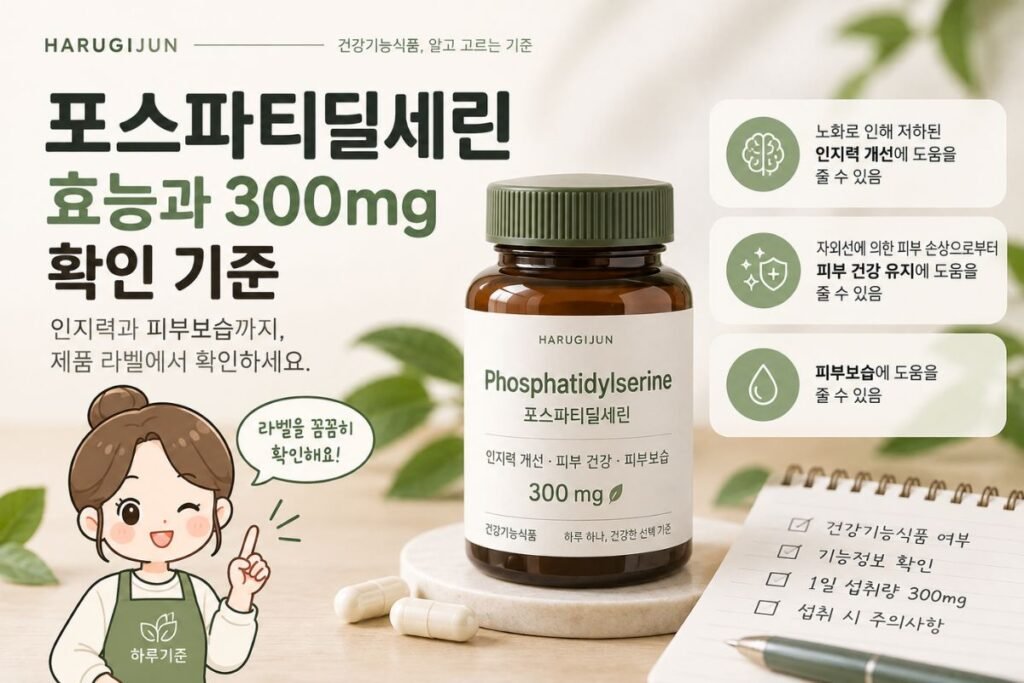 포스파티딜세린 효능과 300mg 확인 기준을 안내하는 건강기능식품 라벨 가이드 이미지