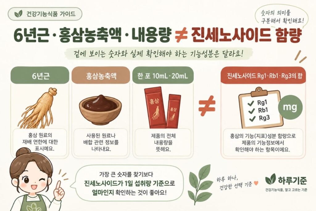 홍삼 고르는 법에서 6년근, 홍삼농축액, 내용량과 진세노사이드 함량 차이를 비교한 안내 이미지