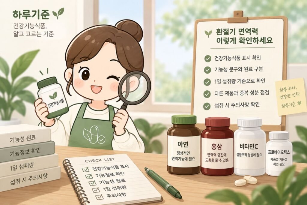 환절기 면역력 관련 건강기능식품에서 기능성 문구와 원료, 1일 섭취량 확인 기준을 안내하는 이미지