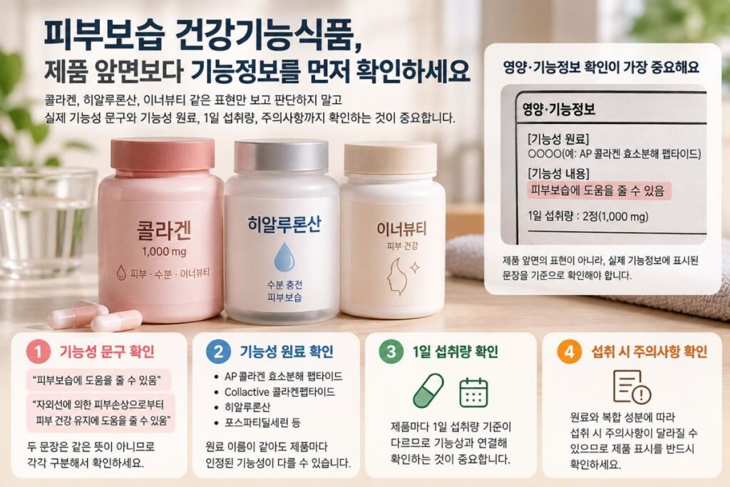 피부보습 건강기능식품에서 콜라겐 히알루론산보다 기능정보와 기능성 원료, 1일 섭취량, 주의사항을 확인하는 기준