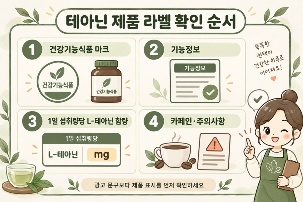 테아닌 효능 확인을 위한 건강기능식품 마크와 기능정보, L-테아닌 함량 및 카페인 주의사항 확인 순서