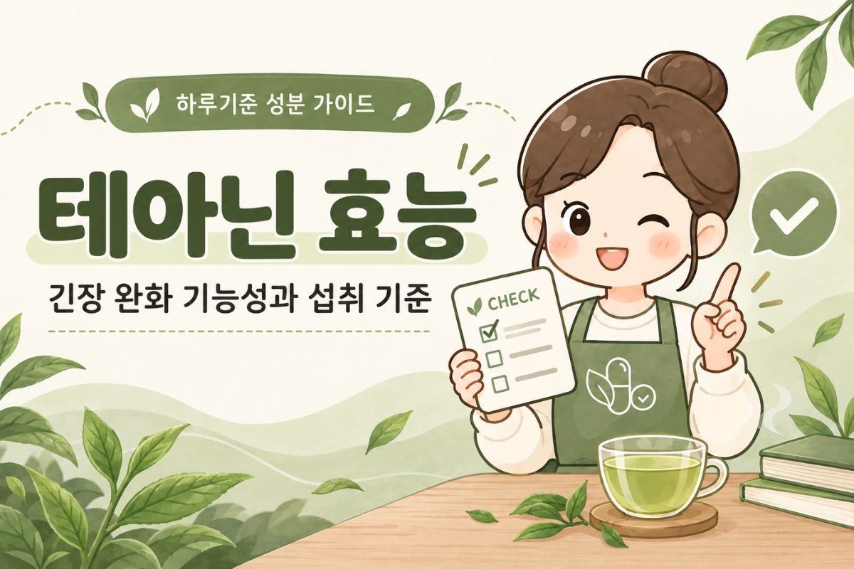 테아닌 효능과 긴장 완화 기능성 및 섭취 기준을 안내하는 하루 캐릭터