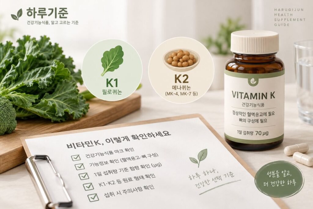 비타민K 효능과 K1·K2 차이, 1일 섭취량과 기능정보 확인 기준을 안내하는 이미지