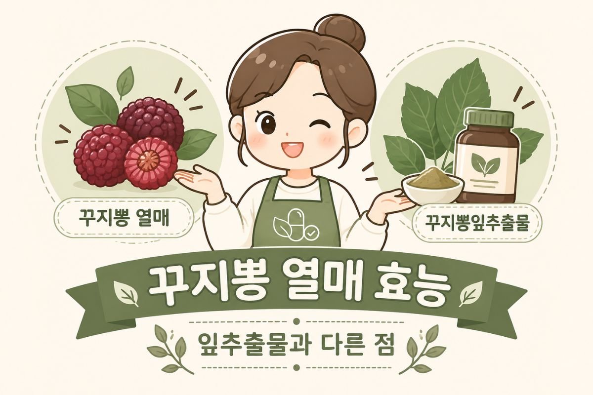 꾸지뽕 열매 효능과 식약처 인정 꾸지뽕잎추출물의 차이를 하루 캐릭터가 설명하는 썸네일